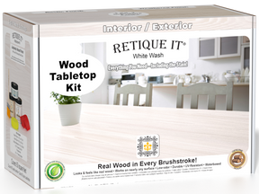 Retique It® Wood'n Finish Kit in white wash for tabletops, featuring stain bottles and applicator tools in a double-size set.