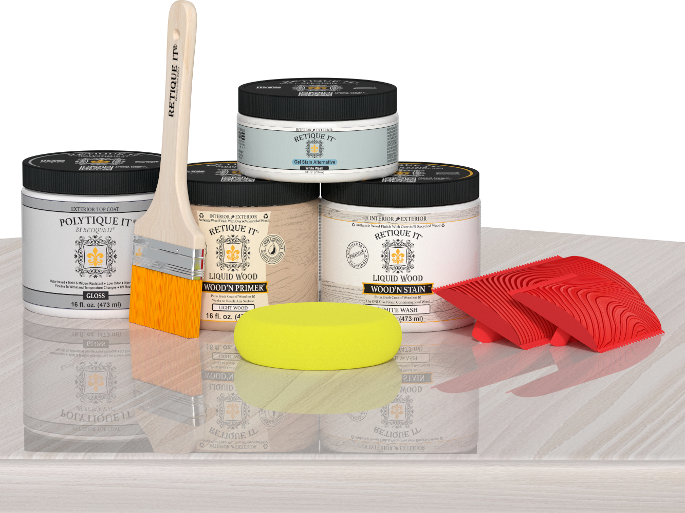 Retique It® Wood’n Kit in White Wash, multi-purpose exterior top coat kit displayed on table with brushes and wood sample.