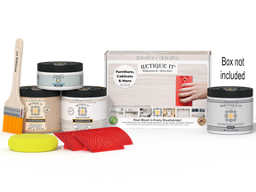Retique It® Wood'n Finish Kit in white wash for exterior wood projects, includes top coat and application tools in a portable box.
