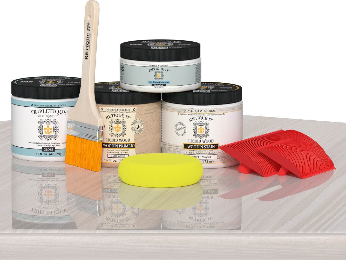 Retique It® Wood'n Finish Kit double size white wash stain set on a table, showing wood finish application and color details.