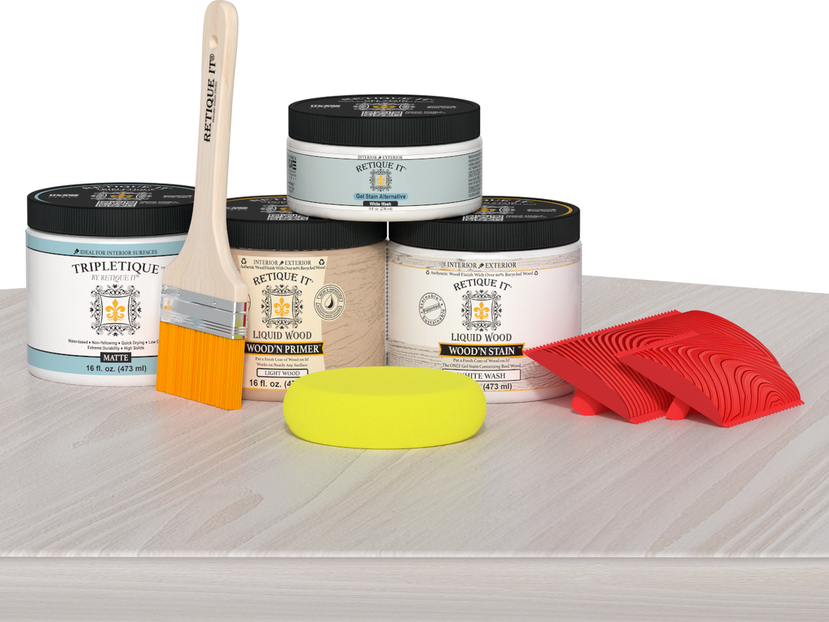 Retique It® Wood'n Finish Kit (Double Size) in White Wash stain on a table demonstrating the product application.