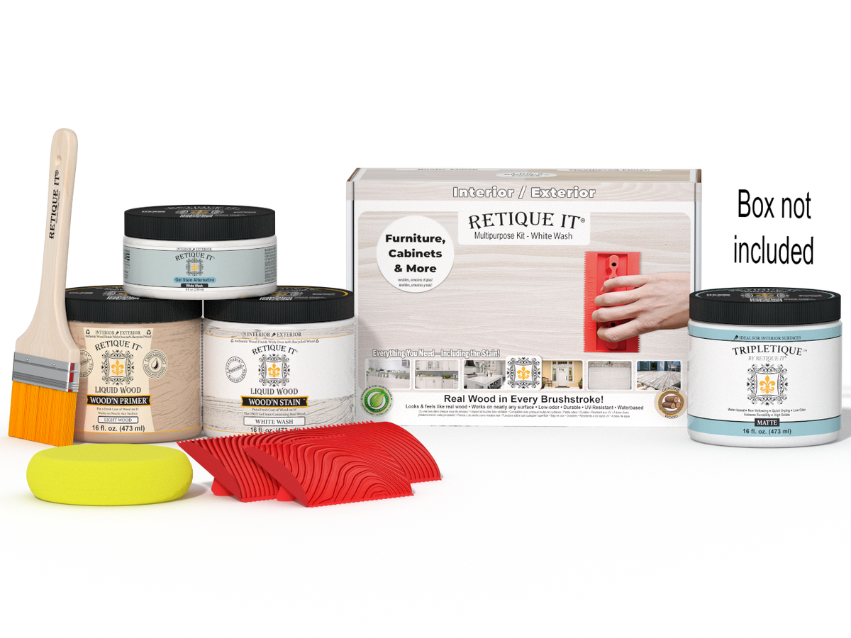 Retique It® Wood'n Kit (Med) in White Wash finish, interior top coat for wood furniture and surfaces, with applicator brush and supplies.