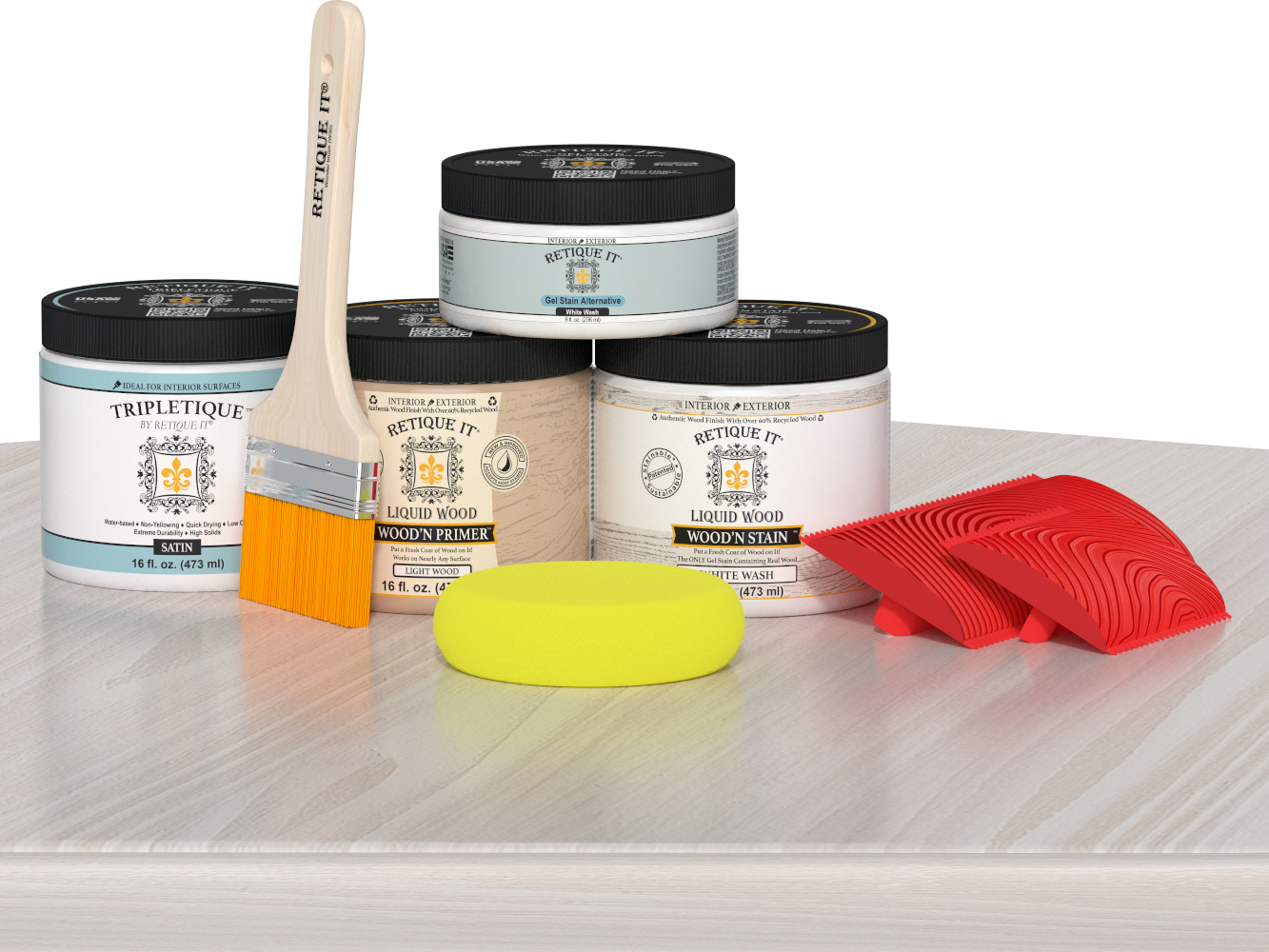 Retique It® Wood'n Finish Kit Double Size in White Wash stain applied on a wooden tabletop for a light, distressed finish.