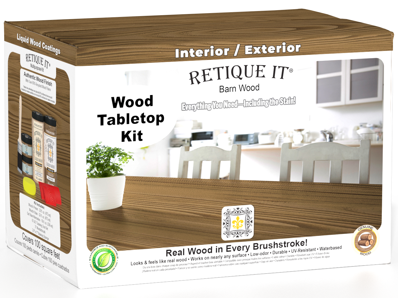Retique It® Wood'n Finish Kit in barn wood stain with four large stain bottles on a tabletop.