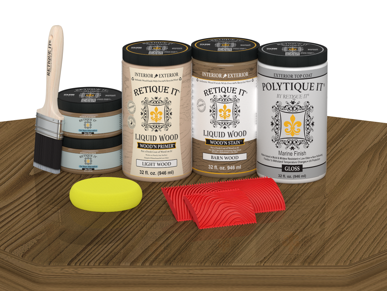 Retique It Wood'n Finish Front Door Kit (Double) in Barn Wood stain, glossy finish, displayed on a table.