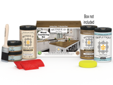 Retique It® Barn Wood countertop kit with stains, complete full kitchen setup, featuring wood grain and finishing details.