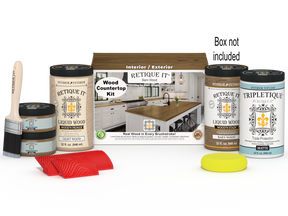 Retique It® Barn Wood countertop kit with stains, complete full kitchen setup, featuring wood grain and finishing details.
