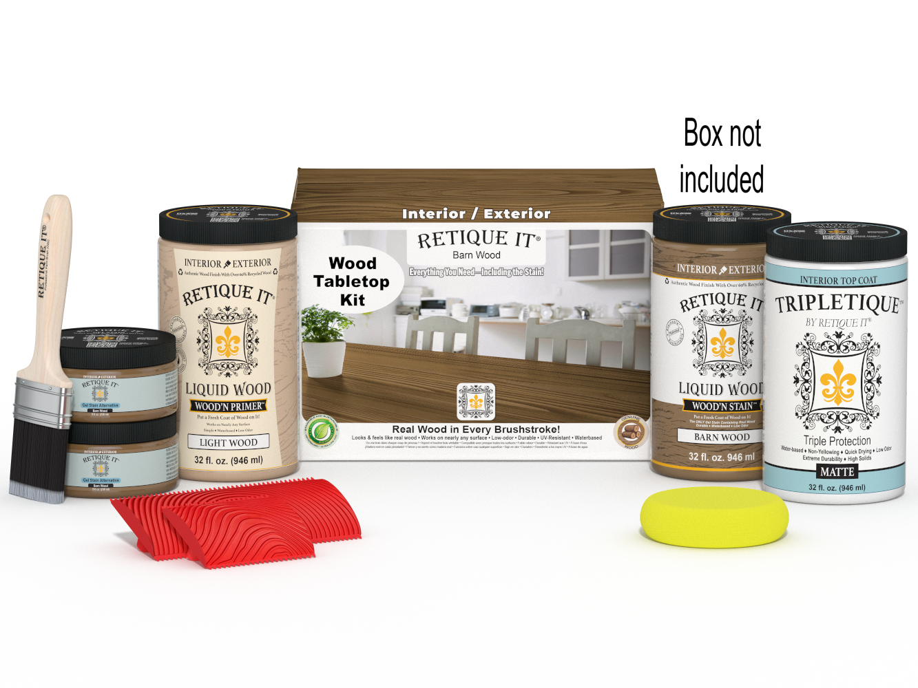 Retique It® Wood'n Finish Kit with four large stains in barn wood color, featuring stain bottles and finishing tools on a tabletop.