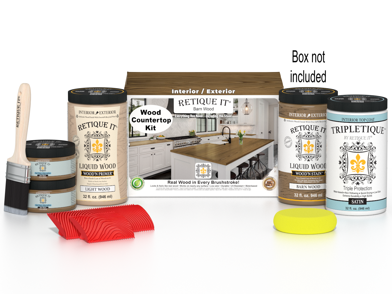 Retique It® barn wood stain countertop kit for full kitchen installation, shown with packaging and sample wood finish.