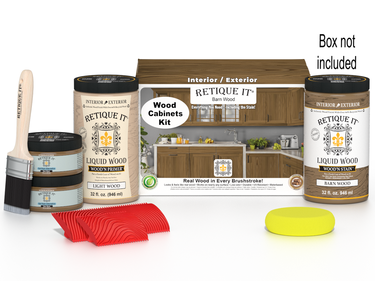 Retique It® Wood'n Cabinet Kit with 12 barn wood stained, grained cabinet doors showing natural wood texture and finish.