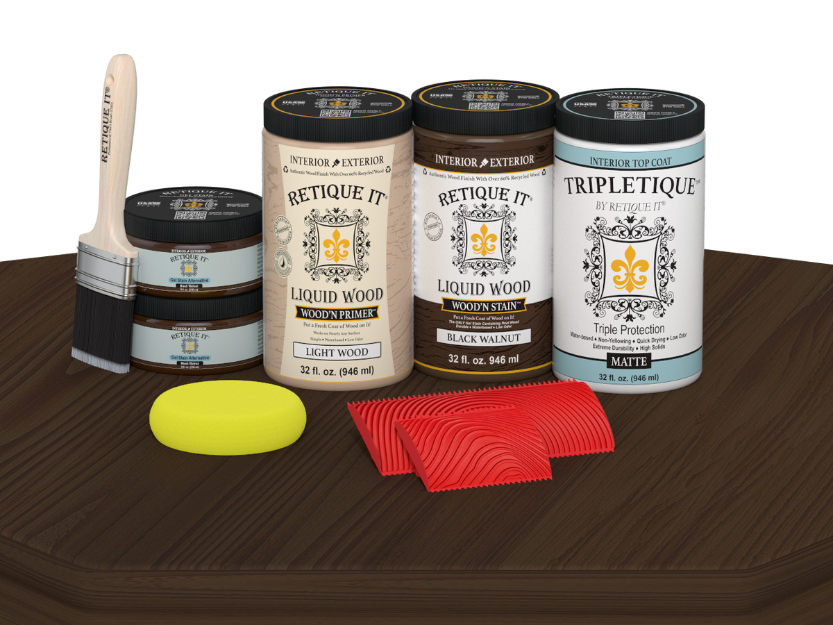 Retique It® Wood'n Finish Kit in black walnut stain, featuring four large stain bottles with a matte finish on a wooden table.