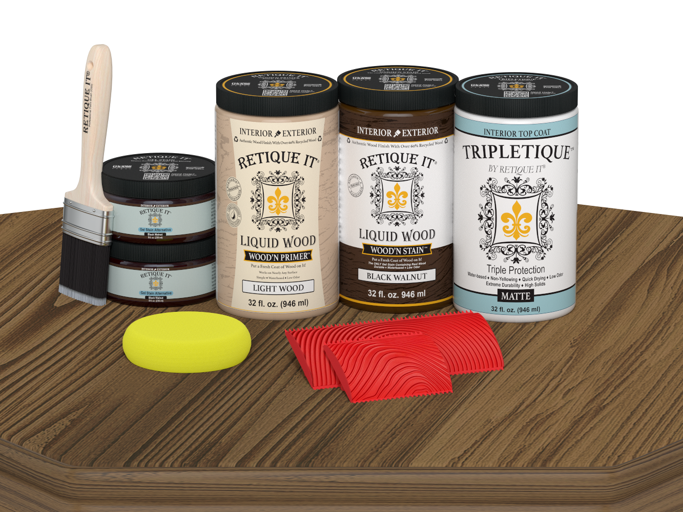 Large Black Walnut Wood'n Finish Kit by Retique It® for interior top coats, shown with wood surface and matte finish.