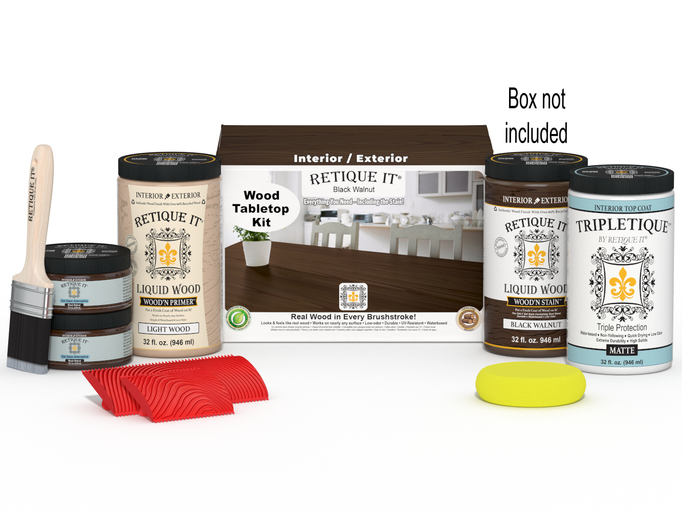 Retique It® Wood'n Finish Kit with four large black walnut stain bottles and applicator box for tabletop wood finishing.