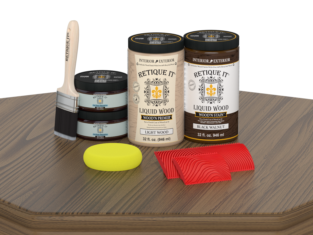 Large Black Walnut Wood'n Finish Kit by Retique It® for multi-purpose wood finishing, shown on a wooden table.