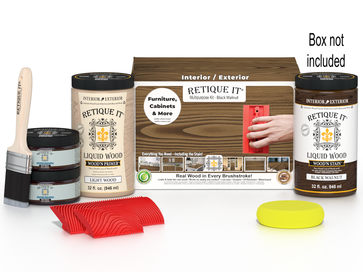 Large Black Walnut Wood'n Finish Kit by Retique It® with wood stain and applicators, perfect for multi-purpose woodworking projects.