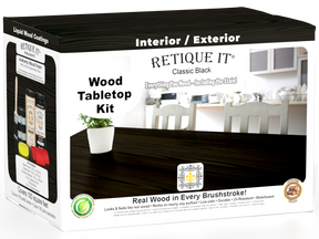 Retique It Wood'n Finish Kit with four large black stain bottles for wood furniture and tabletop finishing.