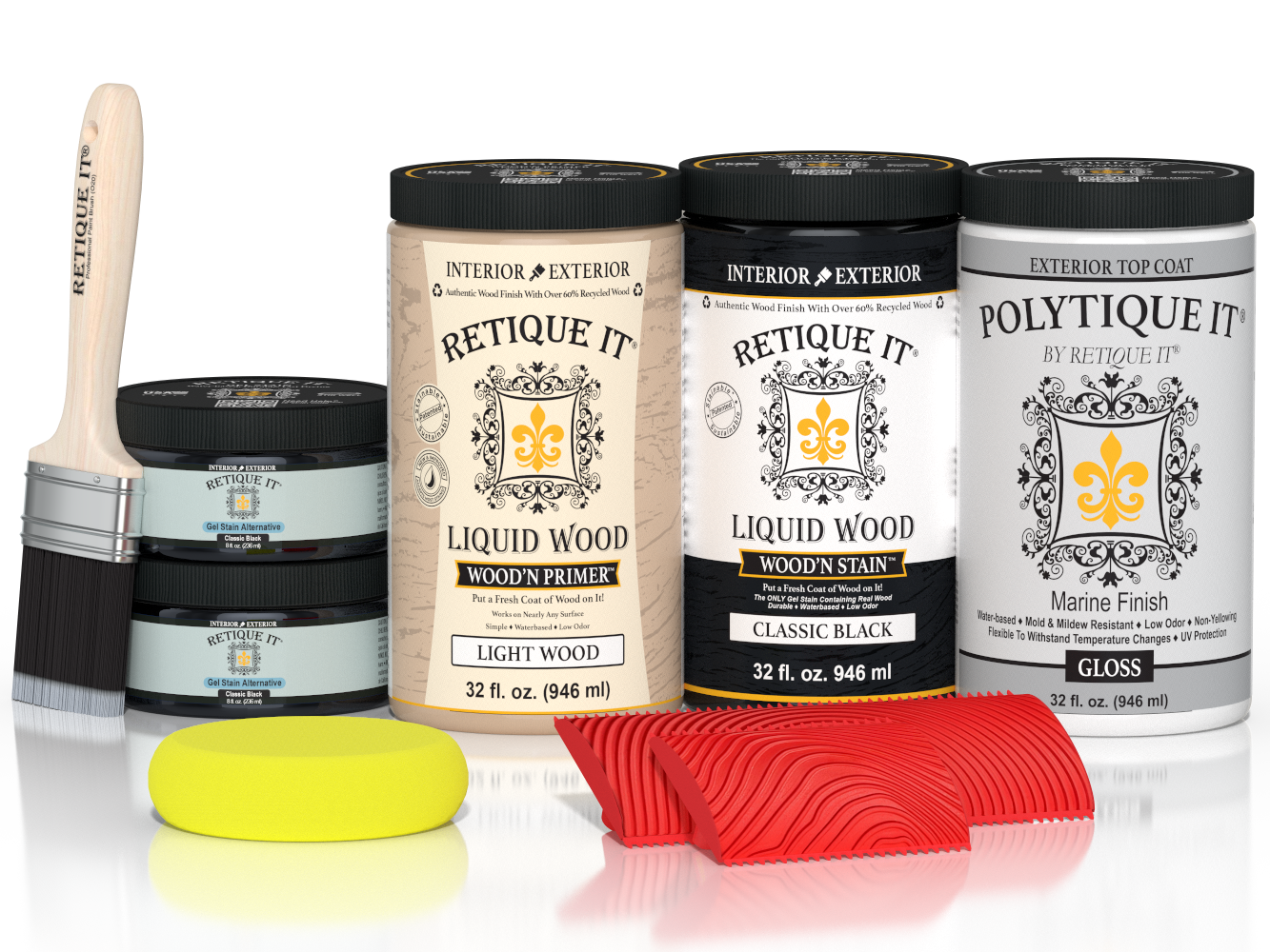 Large Black Wood'n Kit by Retique It® for exterior wood finishing, includes top coat and application tools in a glossy finish.