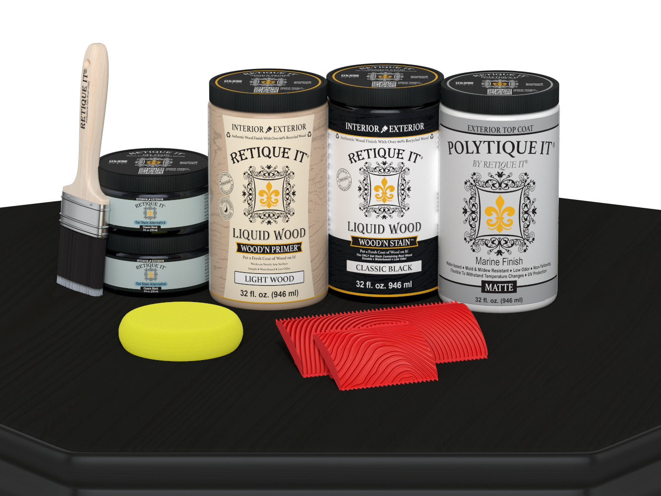 Large Black Wood'n Finish Kit from Retique It with exterior top coat, includes matte wood finish products in a sturdy plate container.