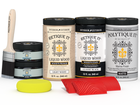 Large Black Wood'n Kit by Retique It® for exterior wood finishing with matte top coat, includes tools and supplies.