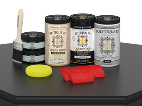 Large Black Wood'n Finish Kit by Retique It® with satin exterior top coat, featuring wood finish palette and application tools.