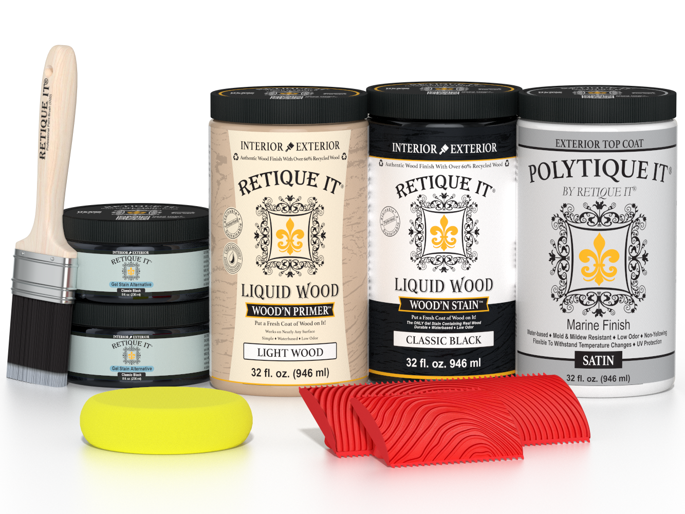 Large Black Wood'n Finish Kit by Retique It® with satin exterior top coat for multi-purpose wood finishing projects.