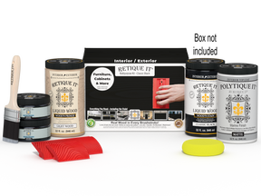 Large Black Wood'n Finish Kit by Retique It® with exterior top coat, including brushes and accessories for wood finishing projects.