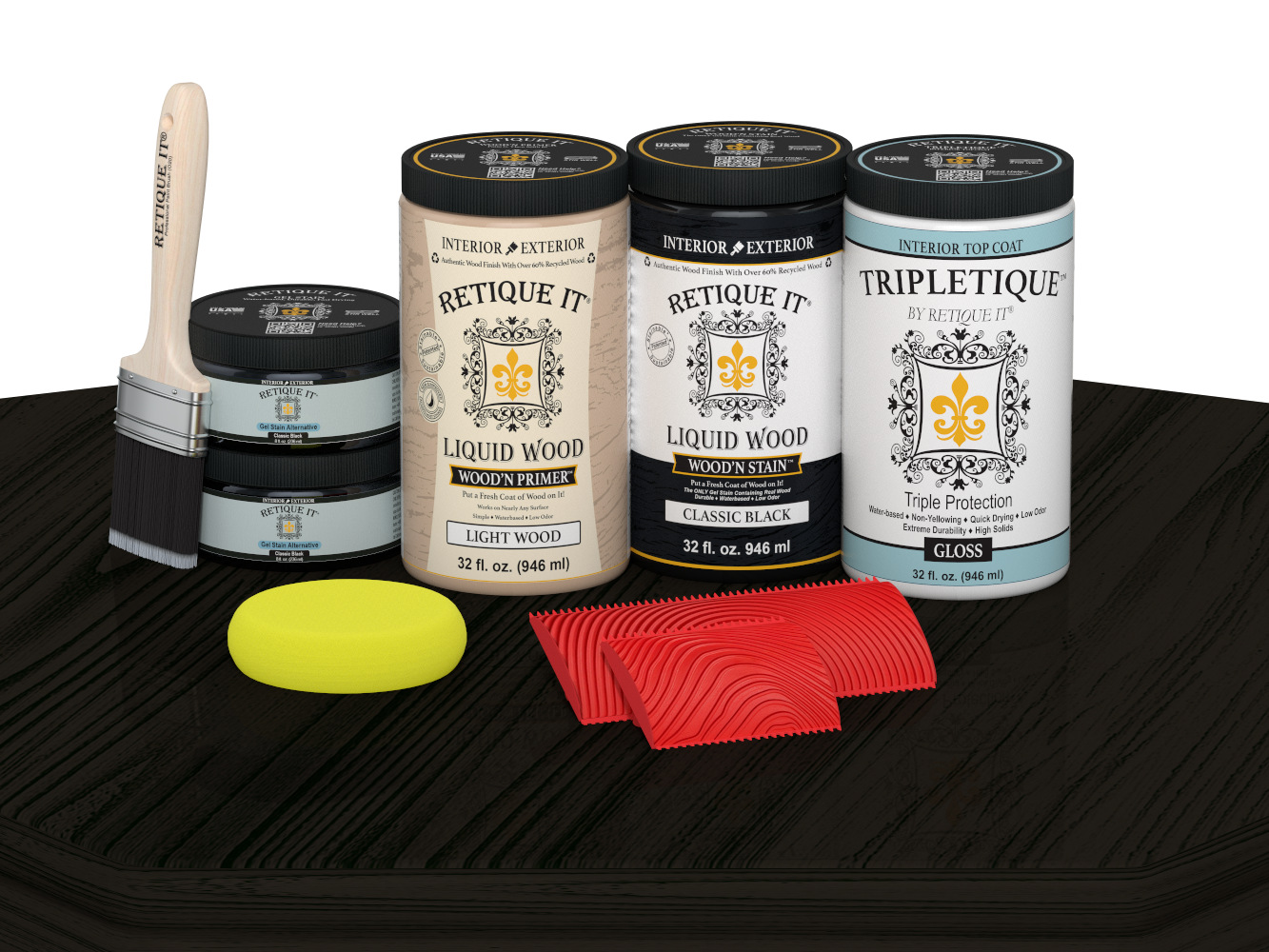 Retique It® countertop kit with black stain, featuring a glossy finish on a kitchen countertop for a sleek, modern look.