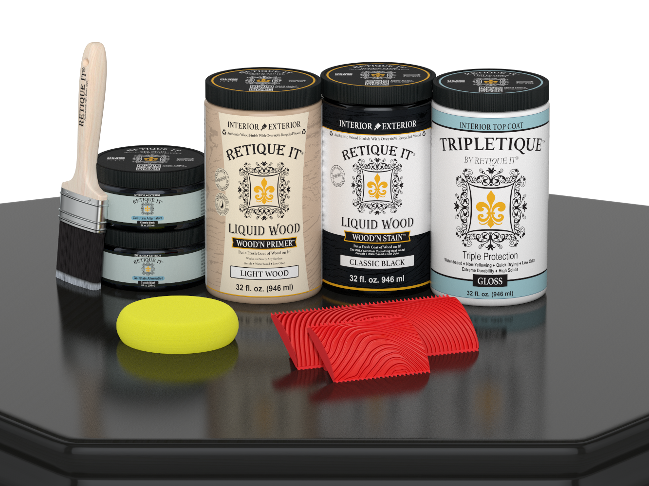 Glossy black large Wood'n Finish Kit by Retique It® for interior wood projects, featuring multi-purpose Top Coat in the Wood'n Kit collection.