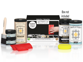 Large Black Wood'n Finish Kit by Retique It® with interior top coat, includes brushes and finishing tools in a box.