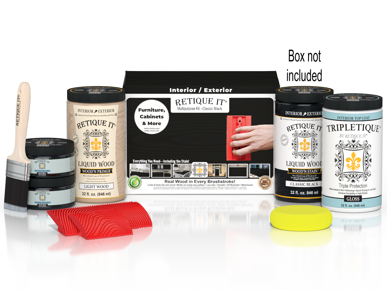 Retique It® Wood'n Kit Large in Classic Black, exterior top coat for wood finishing, shown with box and application tools.