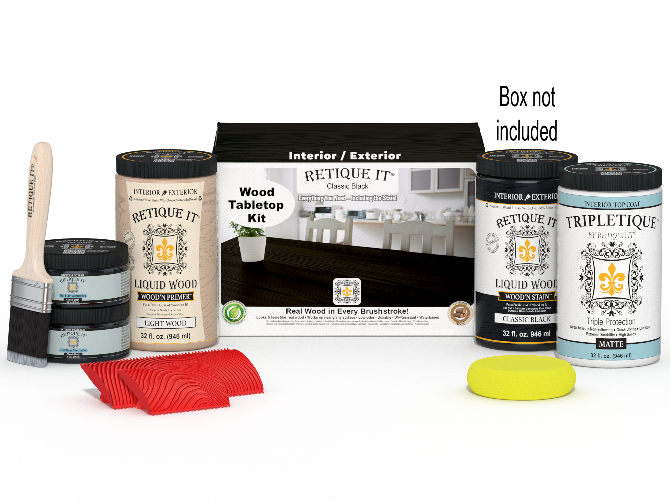 Retique It Wood'n Finish Kit tabletop stains in classic black, featuring four large stain bottles for wood finishing projects.