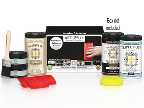 Large Black Wood'n Kit by Retique It® with top coat for wood finishing, including brushes and application tools in a box.