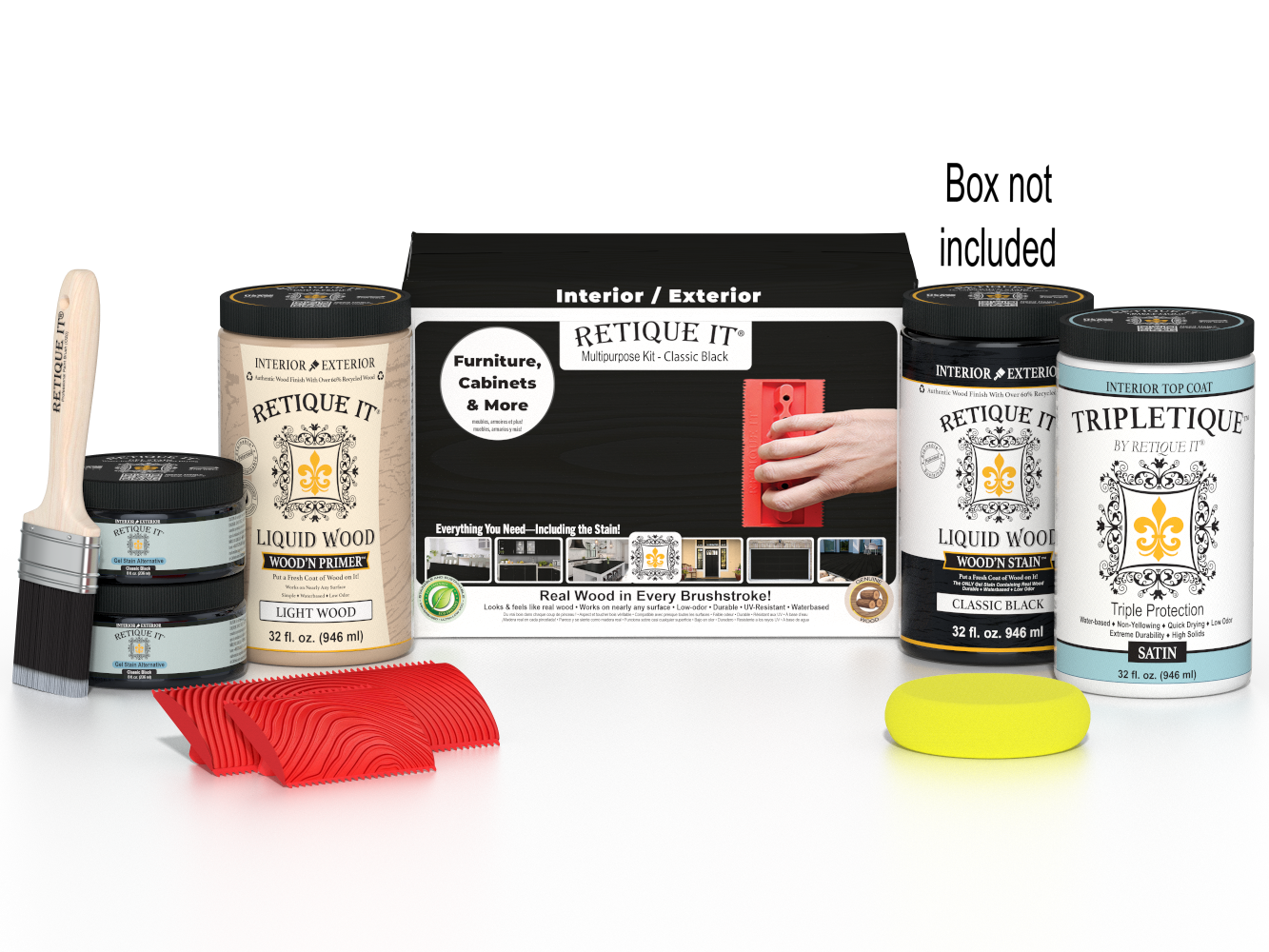 Large Black Wood'n Finish Kit by Retique It® for exterior wood projects, includes top coat and application supplies.