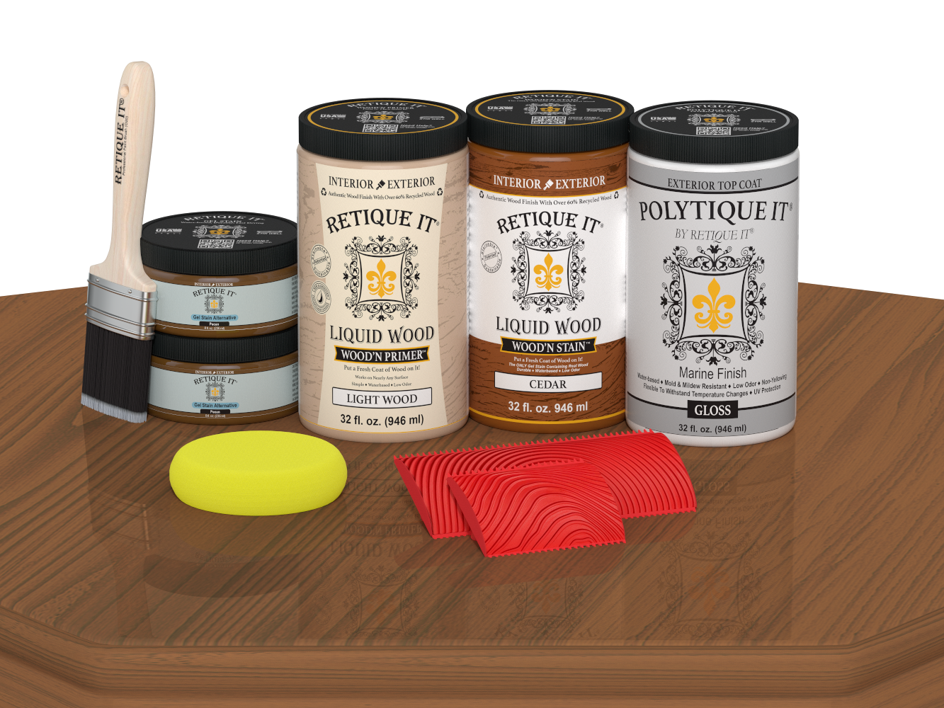 Retique It Wood'n Finish cedar double front door kit with glossy stain, shown on a table ready for installation.