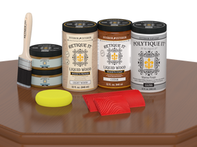 Large Cedar Wood'n Finish Kit by Retique It® with exterior top coat, featuring wood stain in a packaging plate.