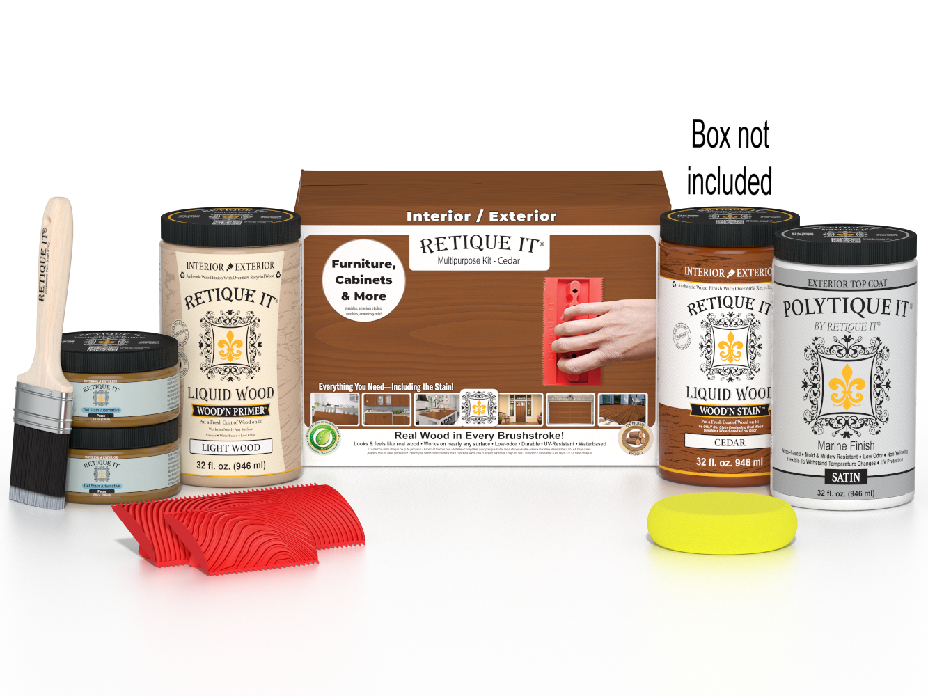 Large Cedar Wood'n Finish Kit by Retique It® with exterior top coat, includes wood finish products and application tools.