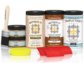 Large Cedar Wood'n Finish Kit by Retique It® for interior top coating, includes wood finish components and gloss application details.
