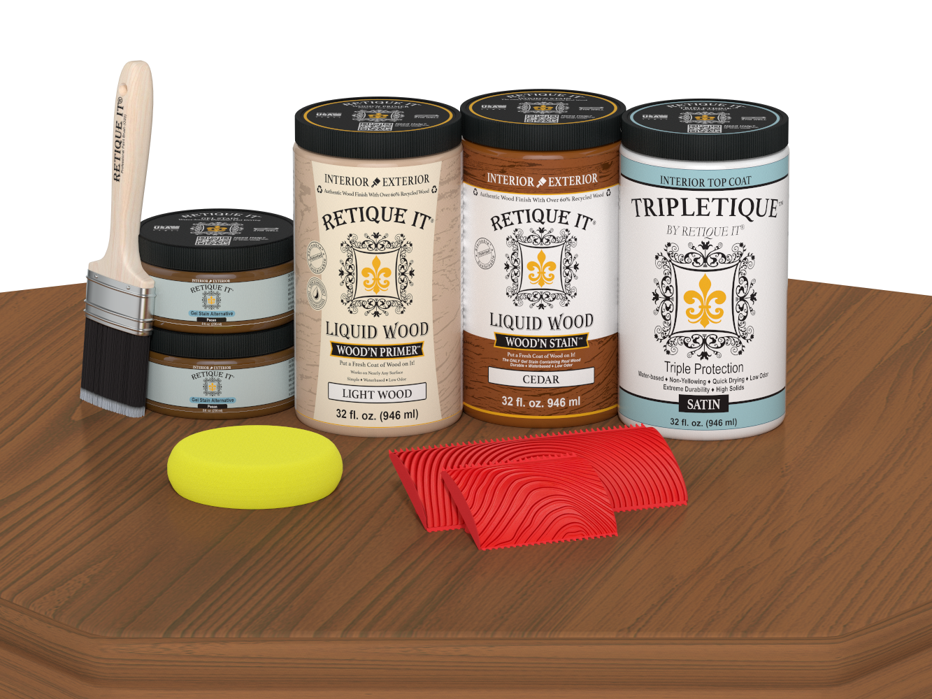 Retique It® Wood'n Finish Kit in cedar stain with four large bottles, satin wood stain for tabletops and furniture.