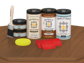 Retique It® Cedar countertop kit with satin stain finish on a kitchen countertop, showcasing the natural wood grain and stain application.
