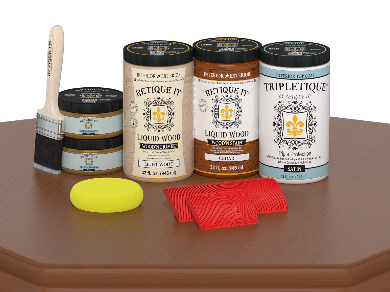 Large Cedar Wood'n Finish Kit by Retique It® for interior top coating, shown in satin finish on wood surface.