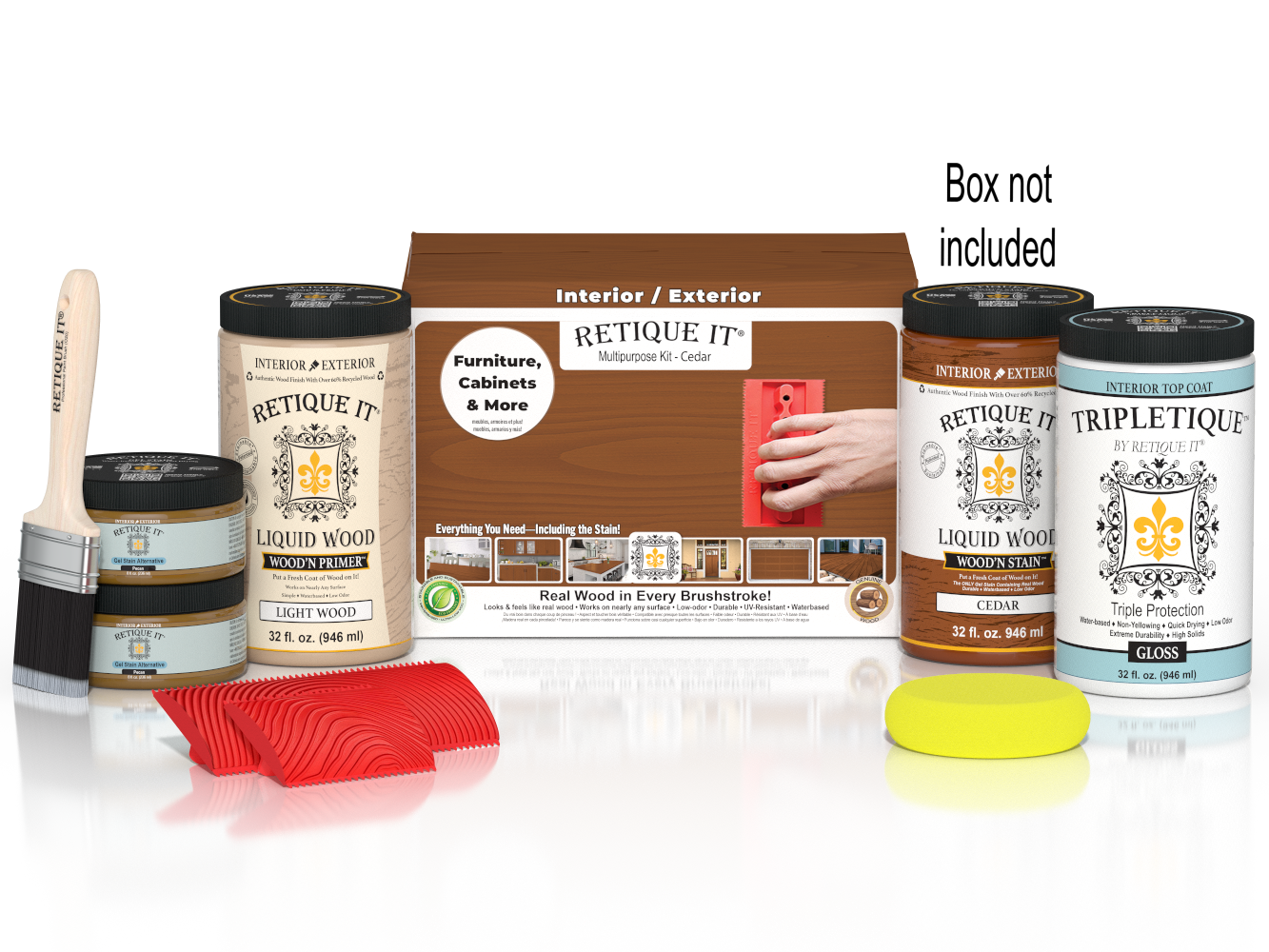 Large Cedar Wood'n Finish Kit by Retique It® for interior top coating, includes wood finish supplies in a detailed box.