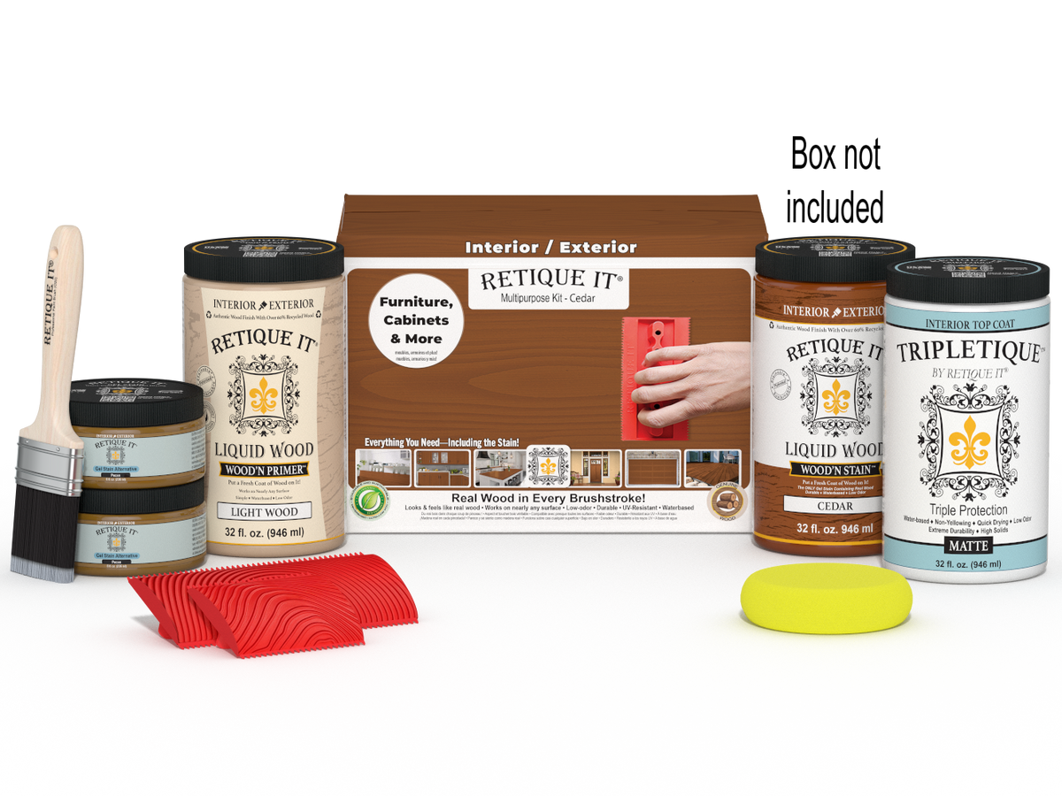 Large Cedar Wood'n Finish Kit by Retique It® for interior top coat application, includes brushes and finishing supplies.