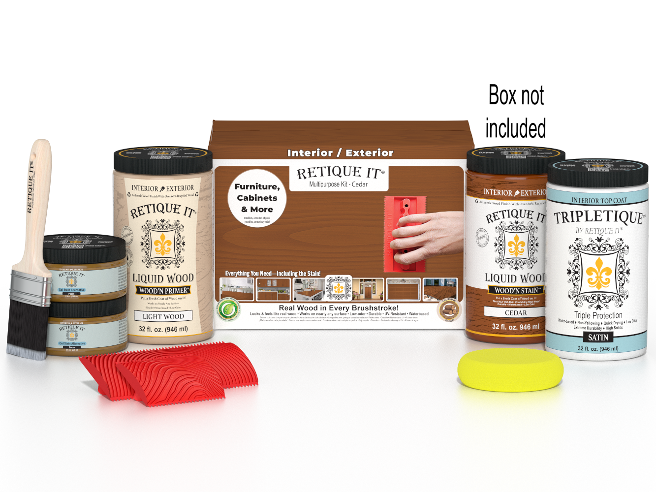Large Cedar Wood'n Finish Kit by Retique It® with interior top coat and applicator brush, designed for multi-purpose wood finishing.