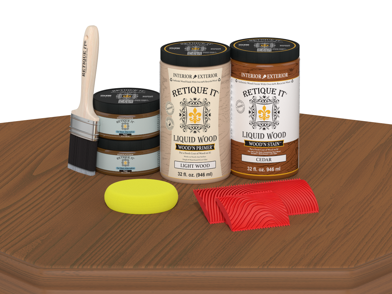 Retique It Wood'n Finish Front Door Kit for double cedar doors, including stain and finishing supplies, displayed on a table.
