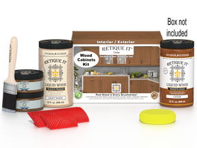 Retique It® Wood'n Cabinet Kit with 12 cedar-grained stained cabinet doors and matching stain containers.