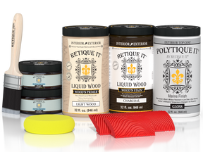Large Charcoal Wood'n Finish Kit by Retique It® with exterior top coat, includes wood stain and gloss finish for outdoor projects.