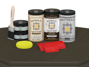 Large Charcoal Wood'n Kit by Retique It® for exterior wood finishing, includes matte top coat and application tools.