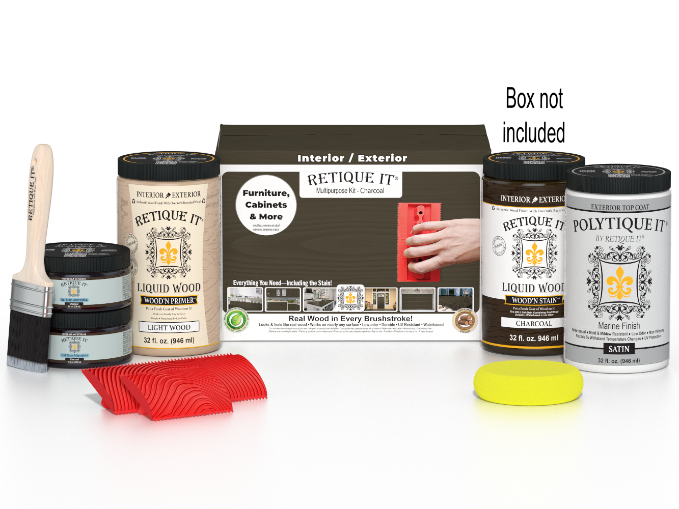 Large Charcoal Wood'n Kit by Retique It for exterior top coating, includes wood finish tools and supplies in a box.