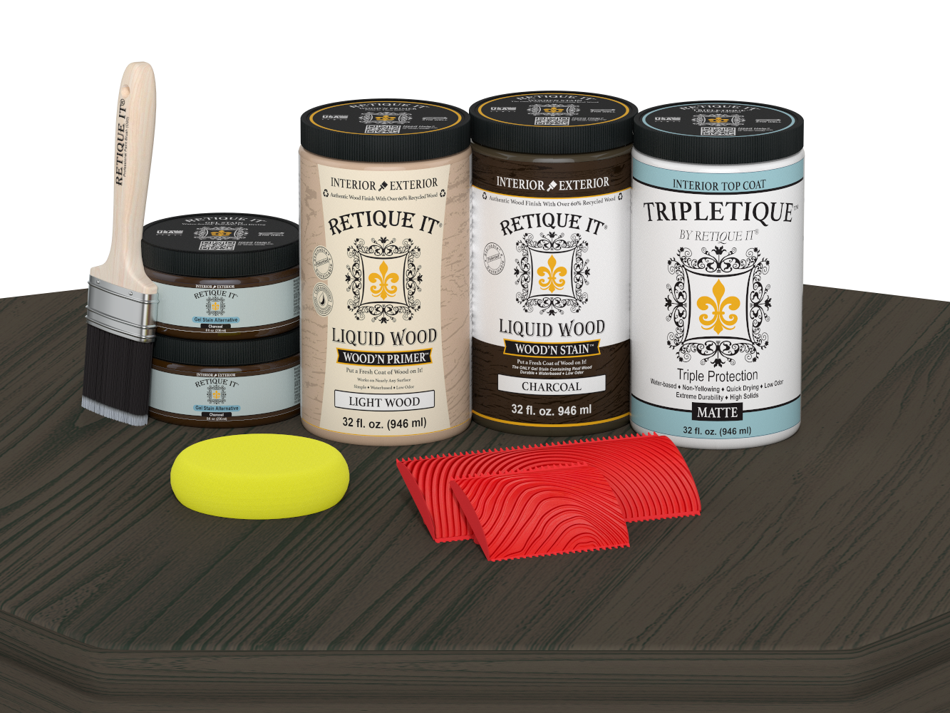 Retique It® Wood'n Cabinet Kit with 12 grained charcoal stain doors, matte finish, displayed on a table for cabinet renovation.