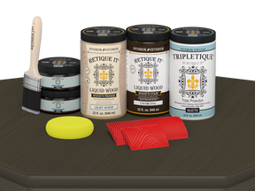 Large Charcoal Wood'n Finish Kit by Retique It® for interior wood projects, featuring matte top coat and multi-purpose wood finishing tools.